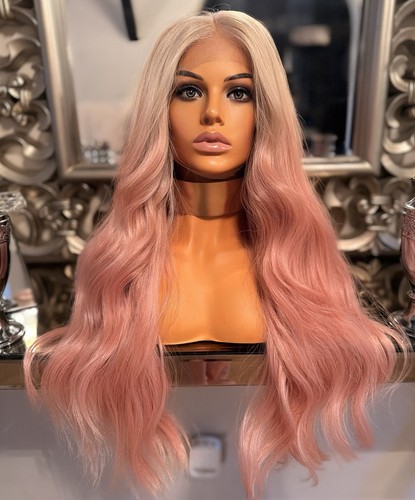 Pink lace front wig long - pink,