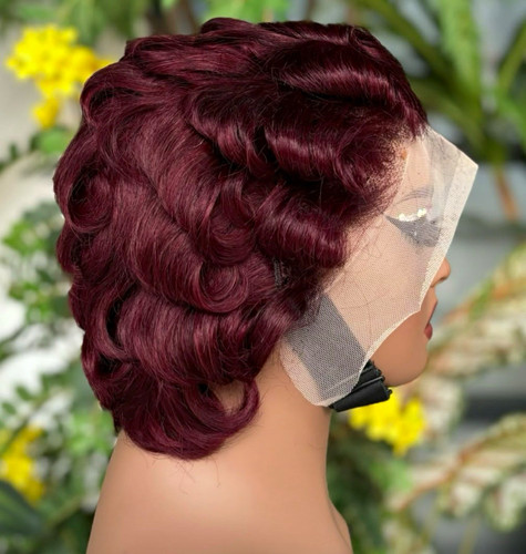 Burgundy curly bob - curly, lace
